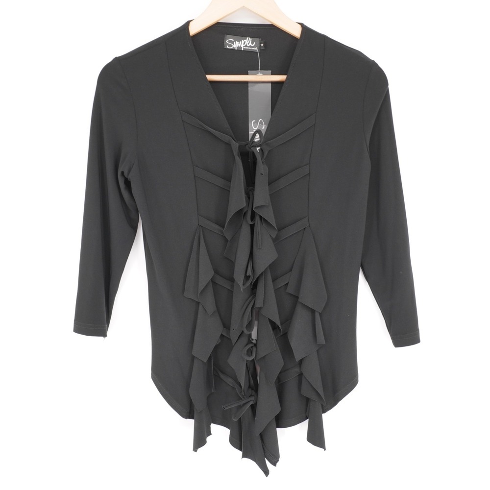 Sympli Black Tie Front Ruffle Blouse Womens L Goth Avant Garde Stretch Top - Picture 13 of 14